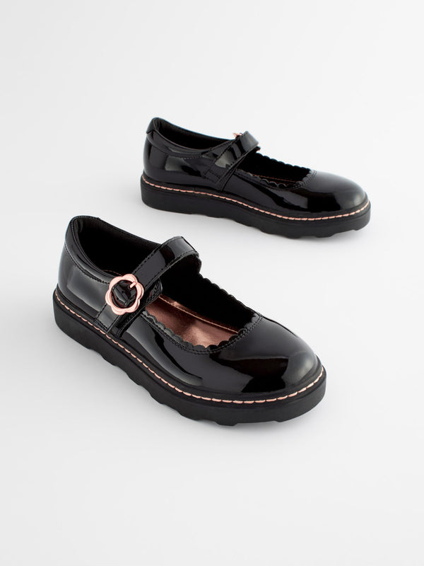 Black Patent Leather Chunky Rose Gold Mary Jane School Shoes