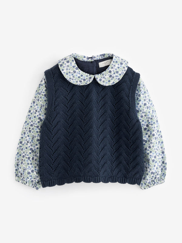 Navy Blue Mock Layer 100% Cotton Jumper (3mths-7yrs)