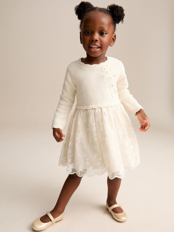 Ecru 2-in-1 Occasion Long Sleeve Knitted Jumper Dress (3mths-10yrs)