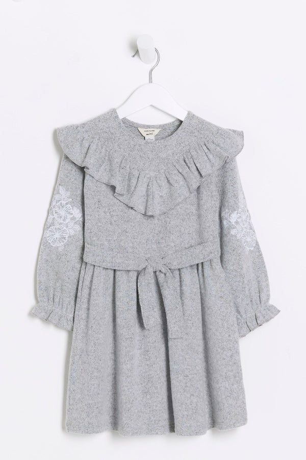 River Island Grey Mini Girls 100% Cotton Cosy Embroidery Dress