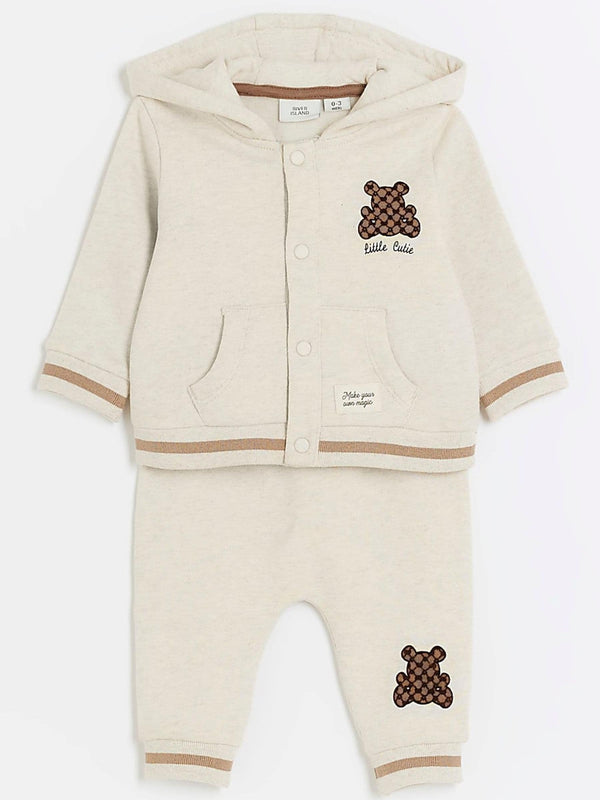 River Island Cream Baby Boys Cream Bear Bomber Jacket And Joggers Set