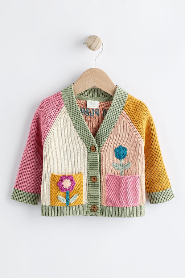 Pink/ Green/ Ochre Yellow Colourblock Baby Knitted 100% Cotton Cardigan (0mths-3yrs)