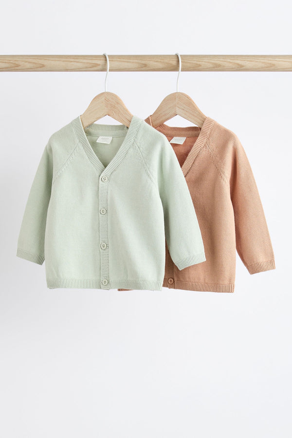 Rust Brown/Sage Green Baby 100% Cotton Knitted Cardigans 2 Pack (0mths-2yrs)