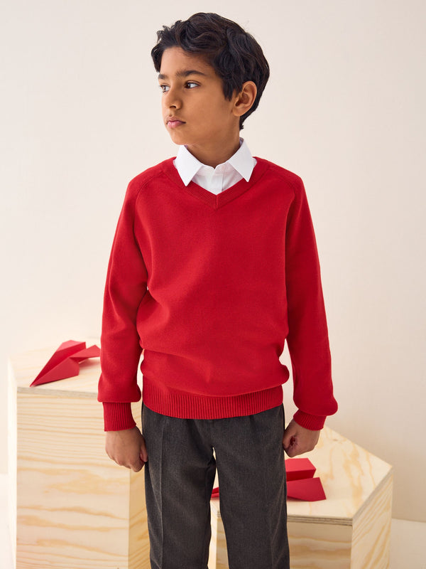Red Knitted V-Neck School Jumper (3-16yrs)