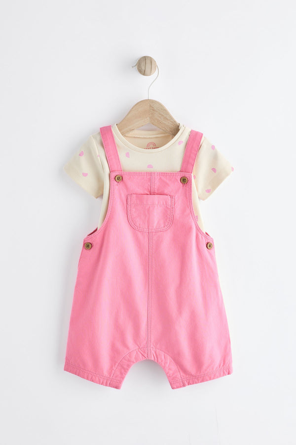 Fluorescent Pink Baby Short Sleeve Short Leg Dungaree And Bodysuit Set (0mths-2yrs)