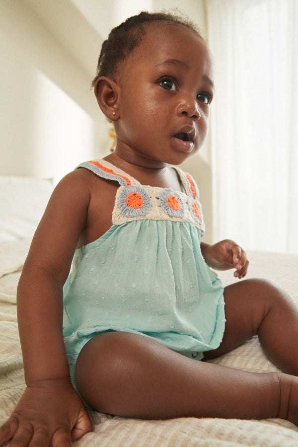 Aqua Blue/Coral Baby Crochet Bloomer Romper (0mths-2yrs)