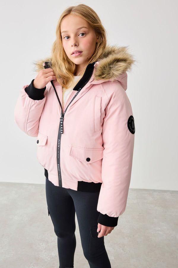 Baker by Ted Baker Pink Shower Resistant Fur Hooded Bomber Jacket