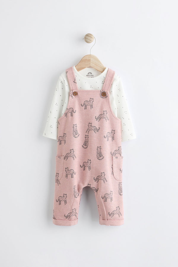 Pink Leopard Baby Jersey Dungarees & Long Sleeve 100% Cotton Bodysuit Set (0mths-2yrs)