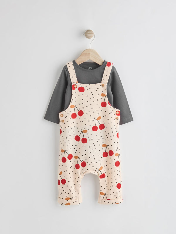 Cream Cherry Print Baby Jersey Dungarees & Long Sleeve 100% Cotton Bodysuit Set (0mths-2yrs)