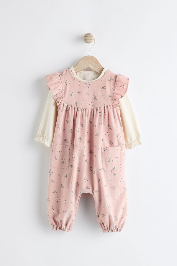 Pink Floral Baby Corduroy Dungarees & Long Sleeve Bodysuit Set (0mths-2yrs)