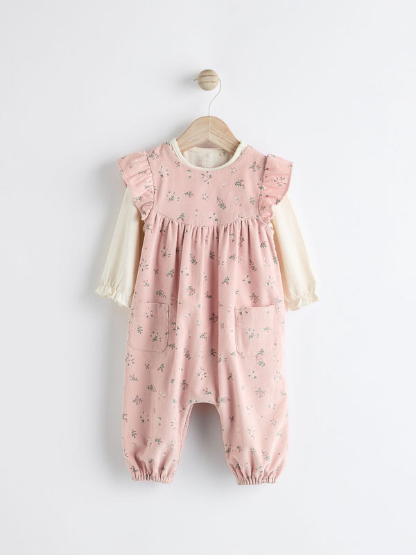 Pink Floral Baby Corduroy 100% Cotton Dungarees and Long Sleeve Bodysuit Set (0mths-2yrs)