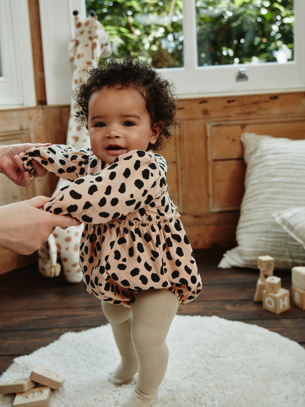 Tan Brown Leopard Print Baby Bloomer 100% Cotton Romper with Tights Set (0mths-3yrs)