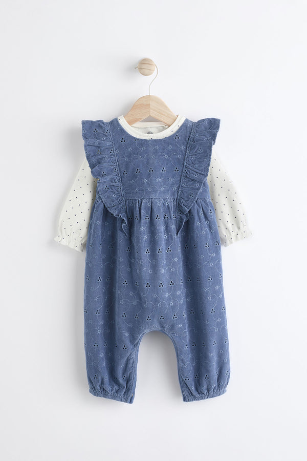 Navy Blue Broderie Baby Corduroy Dungarees and Long Sleeve Bodysuit Set (0mths-2yrs)