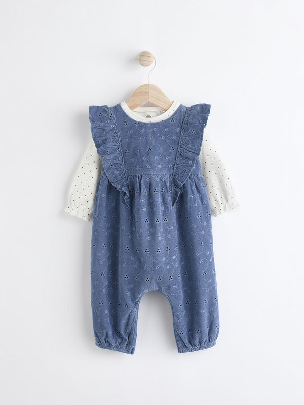 Navy Blue Broderie Baby Corduroy 100% Cotton Dungarees and Long Sleeve Bodysuit Set (0mths-2yrs)