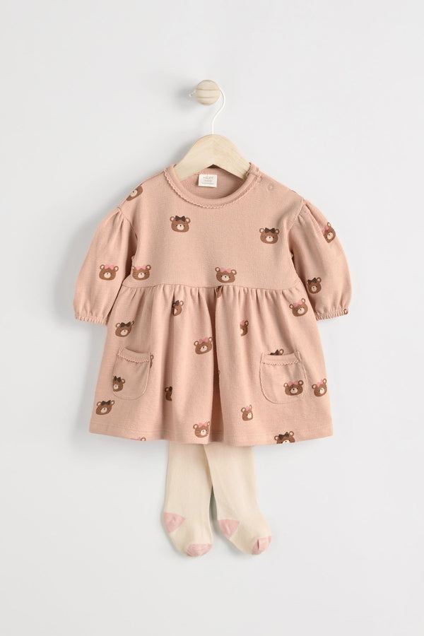 Caramel Brown/Pink Bear Print Baby Jersey Dress With Tights (0mths-2yrs)