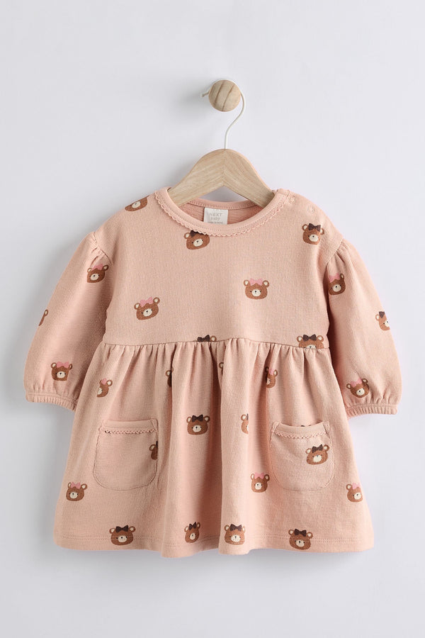 Caramel Brown/Pink Bear Print Baby Jersey 100% Cotton Dress With Tights (0mths-2yrs)