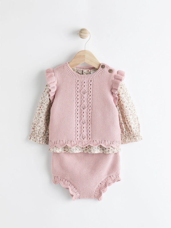 Pink Knitted Bloomer 100% Cotton Shorts Long Sleeve Top and Tights Set (0mths-2yrs)