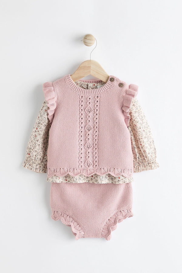 Pink Knitted Bloomer 100% Cotton Shorts Long Sleeve Top and Tights Set (0mths-2yrs)