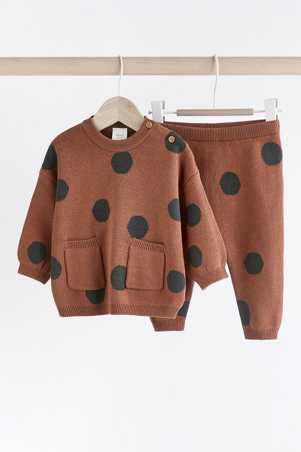 Tan Brown Spot Baby Knitted 100% Cotton Jumper and Leggings Set (0mths-2yrs)