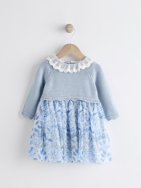 Blue Floral 2-in-1 Long Sleeve Knitted Jumper Frill Collar Mesh Dress (0mths-2yrs)