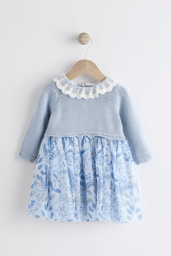 Blue Floral 2-in-1 Long Sleeve Knitted Jumper Frill Collar Mesh Dress (0mths-2yrs)