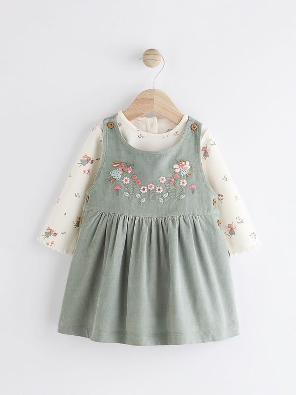 Green Embroidered Baby Corduroy Pinafore 100% Cotton Dress With Tights (0mths-2yrs)