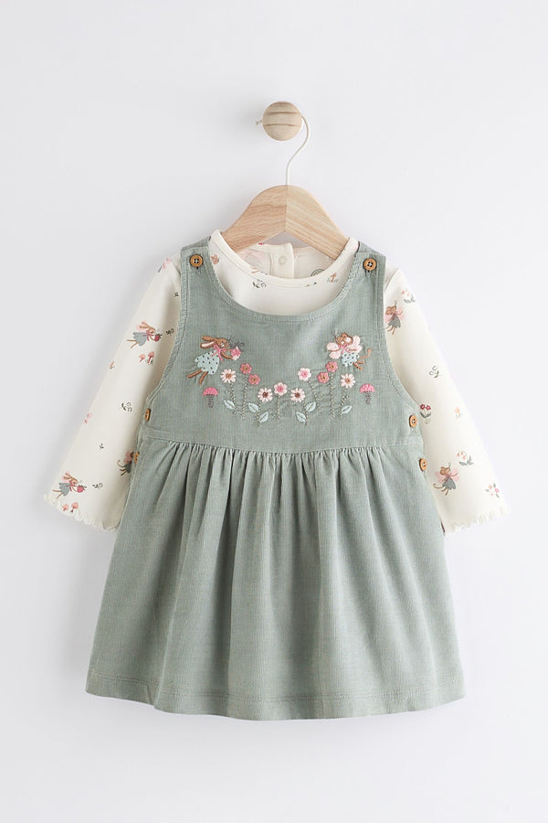 Green Embroidered Baby Corduroy Pinafore Dress With Tights (0mths-2yrs)