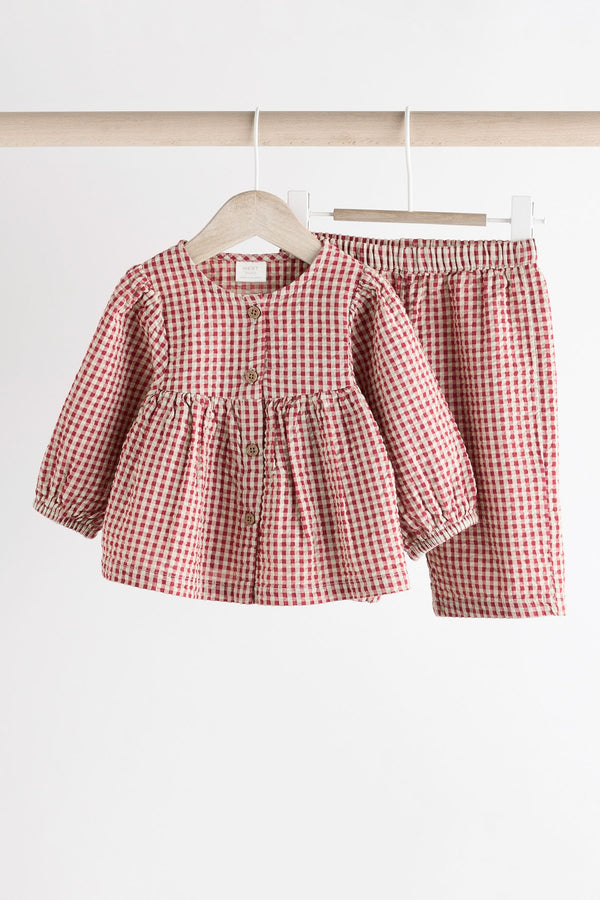 Red Gingham Woven Long Sleeve Top and Wide Leg Trousers Set (0mths-2yrs)