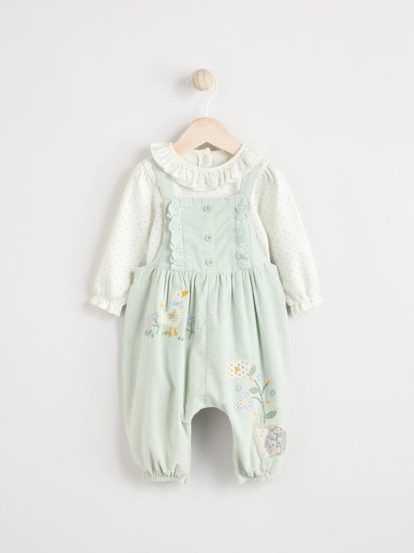 Sage Green Character Baby Corduroy 100% Cotton Dungarees and Long Sleeve Bodysuit Set (0mths-2yrs)