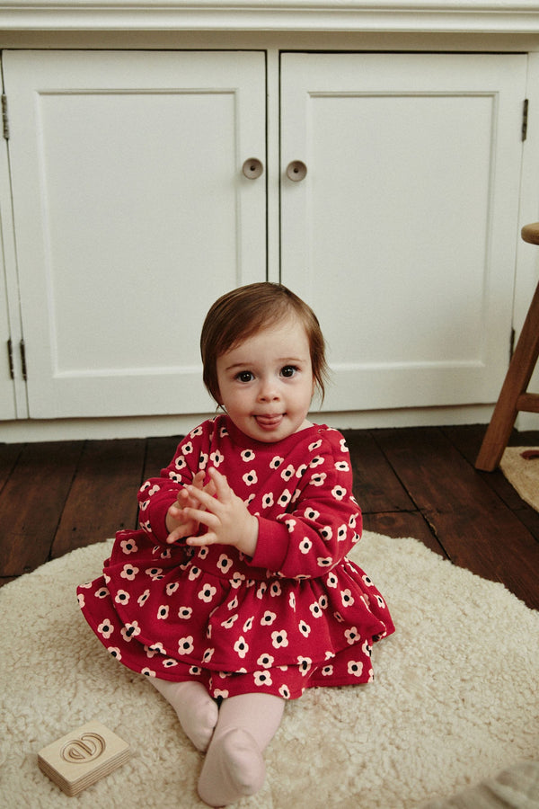 Red Flower Print Skirted Baby Romper with Tights (0mths-3yrs)