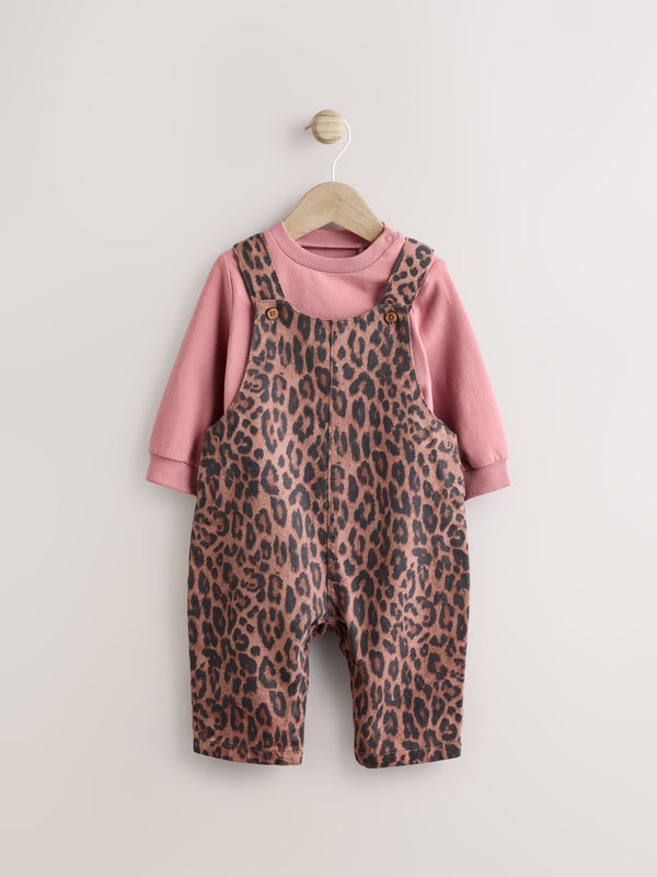 Tan Brown Leopard Print Baby Long Sleeve Top & Dungarees Set (0mths-2yrs)