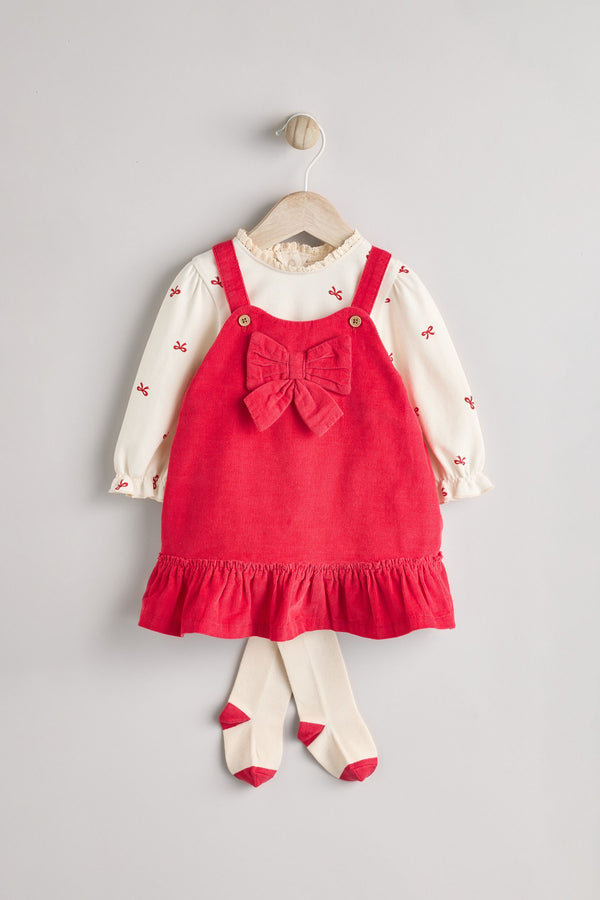 Red 3D Bow Baby Corduroy Pinafore Dress With Tights (0mths-2yrs)