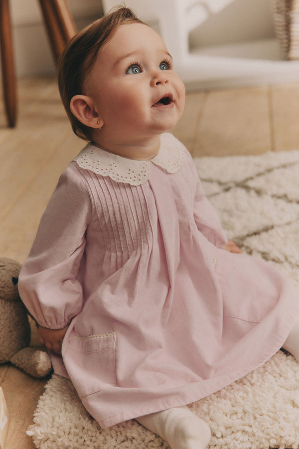 Pink Baby Collared Woven Dress With Tights (0mths-2yrs)