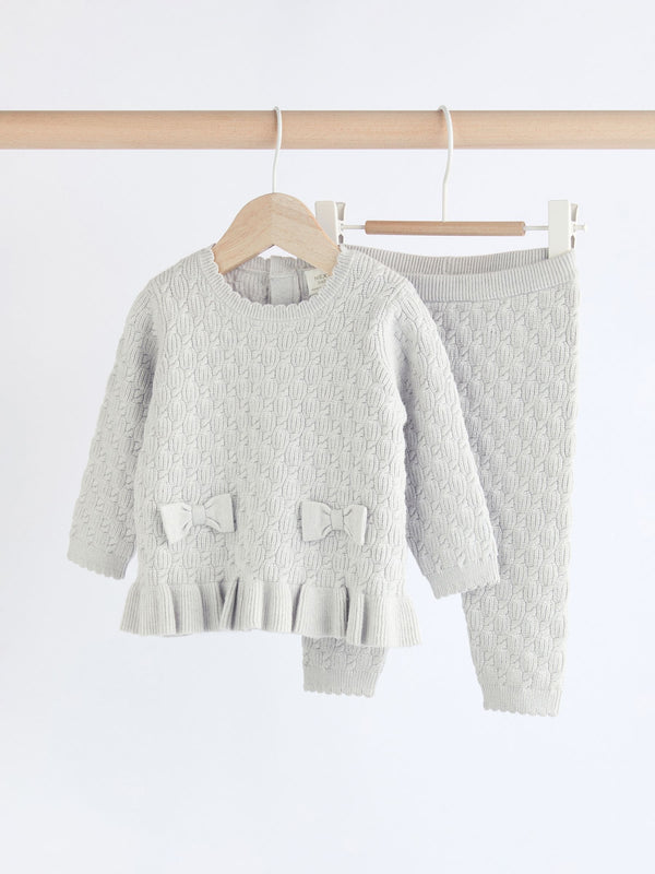 Grey 3D Bows Baby Knitted 100% Cotton Jumper And Leggings Set (0mths-3yrs)