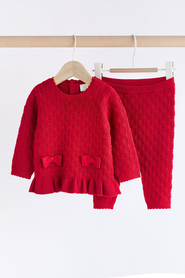 Red 3D Bows Baby Knitted Jumper And Leggings Set (0mths-3yrs)