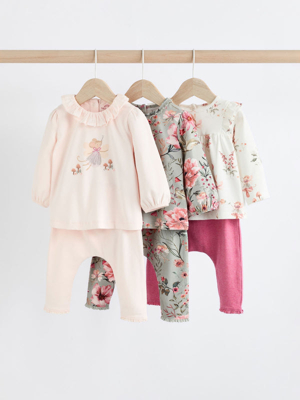 Pink/Green/White Floral Fairy Baby Long Sleeve Top And Leggings Set 3 Pack