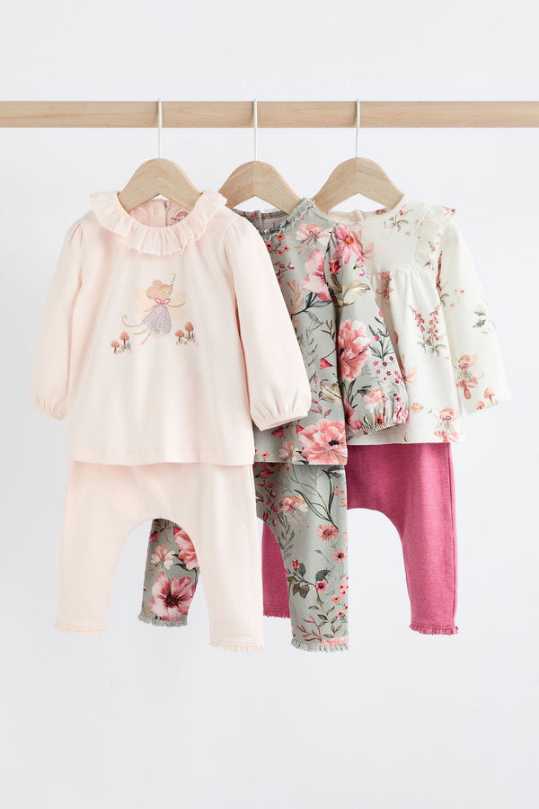 Pink/Green/White Floral Fairy Baby Long Sleeve Top And Leggings Set 3 Pack