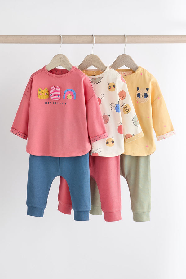 Coral Pink/Yellow Character Baby Long Sleeve Top And Leggings Set 3 Pack