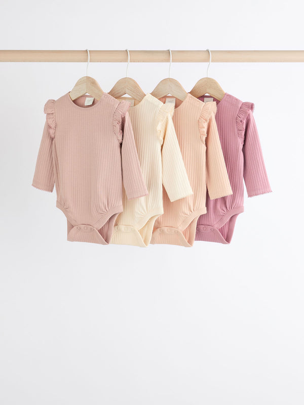 Pink/Cream Baby Long Sleeve Frill Bodysuits 4 Pack (0mths-2yrs)