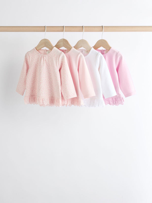 Pink/ White Stripe/ Plain Baby Long Sleeve Tops 4 Pack