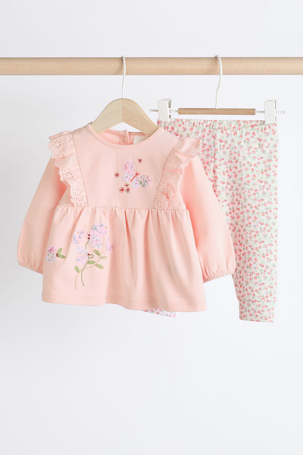 Pink Floral Baby 100% Cotton Long Sleeve Top And Leggings Set