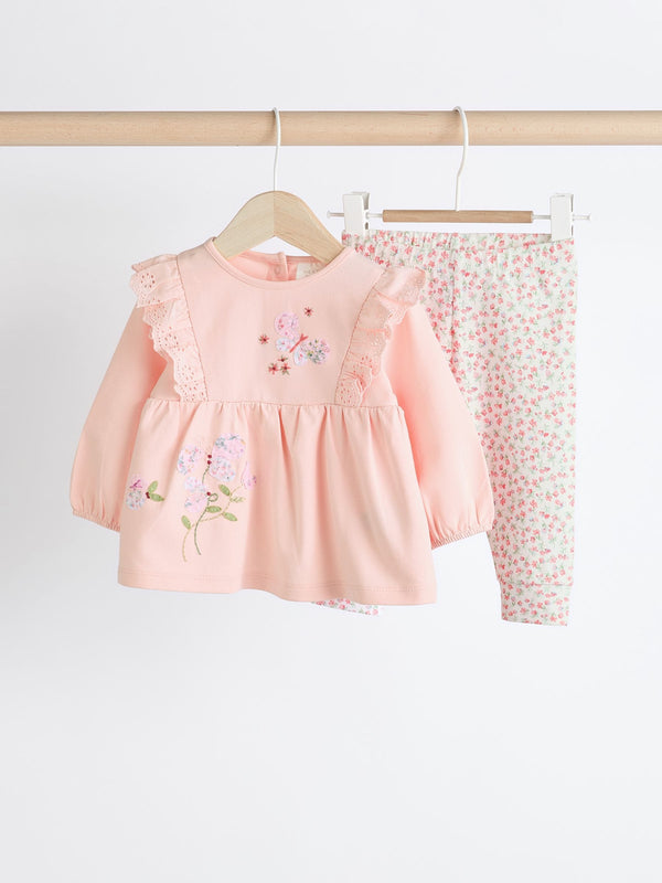 Pink Floral Baby Long Sleeve Top And Leggings Set