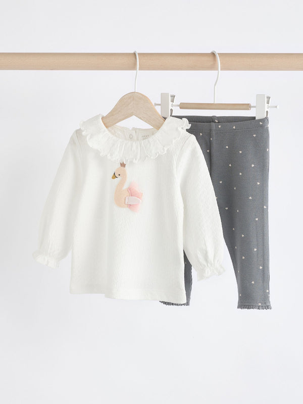 White/Charcoal Grey Swan Baby Long Sleeve Top And Leggings Set