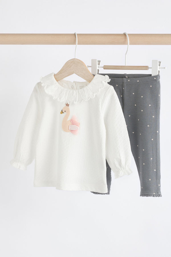 White/Charcoal Grey Swan Baby 100% Cotton Long Sleeve Top And Leggings Set