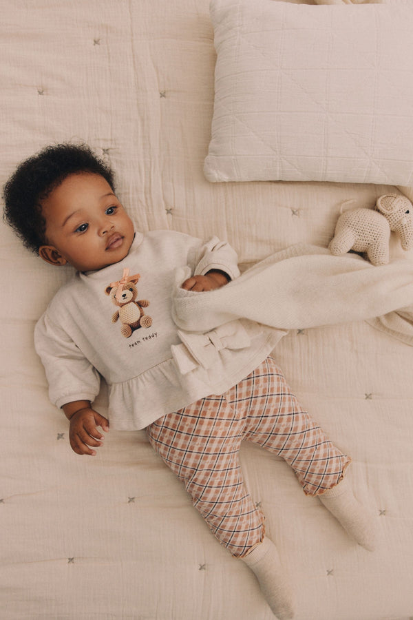 Cream/Check Baby 100% Cotton Sweatshirt And Leggings Set