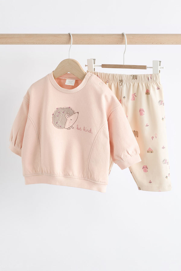 Pink/ Cream Hedgehog Baby Sweatshirt And Wide Leg Trousers Set