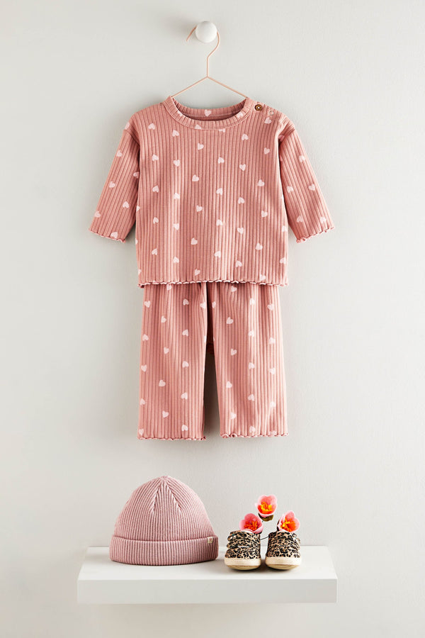 Pink Heart Print Baby Top and Wide Leg Trousers 2 Piece Set