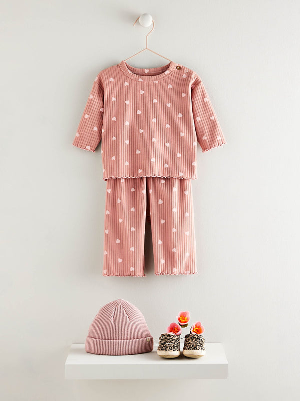 Pink Heart Print Baby Top and Wide Leg Trousers 2 Piece Set (0mths-2yrs)
