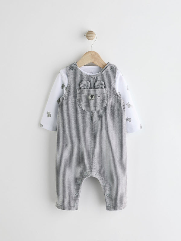 Grey Bear Cord 100% Cotton Baby Dungarees and Bodysuit Set (0mths-2yrs)