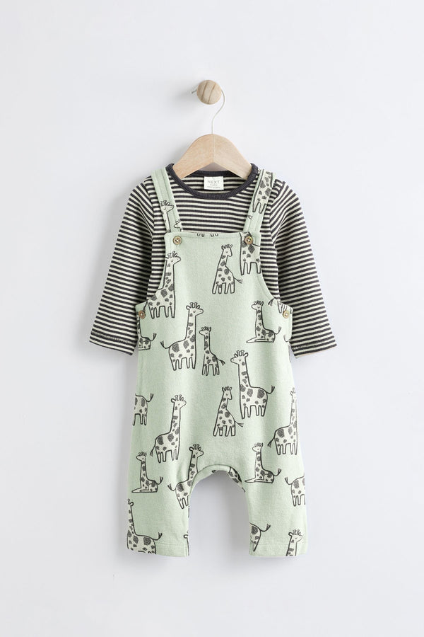 Sage Green Giraffe Baby Jersey Dungarees And Bodysuit Set (0mths-2yrs)